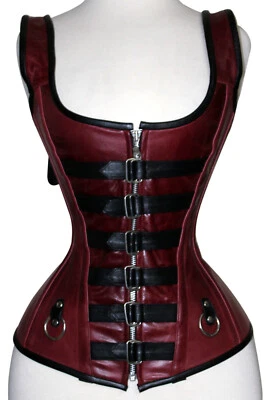 Handmade Overbust Corset Women's Leather Scoop Neck Zip-Up Steampunk Steel Boned