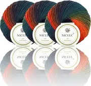 NICEEC 3 Skeins 100% Wool Rainbow Yarn Soft Gradient, Self-Striping, Colorful Single Ply Yarn for Crochet & Knitting - 10#