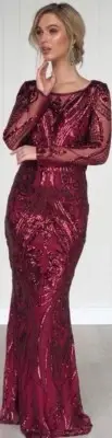 Formal Gown Size 16 Sequins Dark Red Wine Long Sleeves Prom Bridesmaids Party