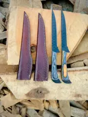 Pair of Custom Fillet Fishing Knife Handmade Damascus Steel Knife with Leather
