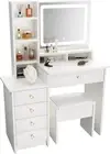 Dressing Table, White Vanity Desk with Large Mirror and Adjustable Lights, 90Cm