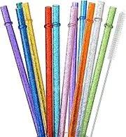 ALINK 12-Pack Glitter Reusable Clear Plastic Straws, 11" Long Hard Tumbler Drinking Straws with Cleaning Brush
