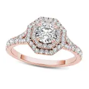 1.0 CT. T.W. Natural Diamond Double Octagonal Frame Engagement Ring in Solid 14K Rose Gold