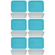 Pyrex (6) 7210 3-Cup Glass Dishes & (6) 7210-PC Surf Blue Lids
