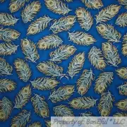 BonEful FABRIC FQ Cotton Quilt Blue Peacock Feather Gold Metallic Garden Flower