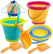 JOYIN 3 Packs Foldable Pail Bucket with Shovels & Mesh Bag, Collapsible Buckets Multi Purpose for Beach, Camping Gear, Beach Party, Fishing, and Fun Summer Activities (Yellow/Blue/Green)