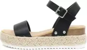 Soda Clip Black Open Toe Faux Leather Buckle Ankle Strap Wedges Heeled Sandals
