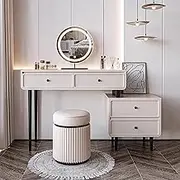 Vanity Desk,Makeup Vanity Table with 4 Drawers,Telescopic Dresser with 3 Lighting Modes Mirror and Stool,for Girls Room,Cream Style(with Mirror and Stool)