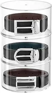 FNG8 3-Tier Belt Organiser - Round Belt Watch Storage Box Transparent with Magnetic Lid - Stackable Acrylic Organiser Made of Plastic for Belts, Jewellery, Watches, Makeup & Cosmetic Accessories