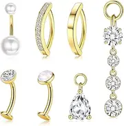 [JeryWe] Belly Button Ring Gold Plated Surgical Stainless Steel Dangle Navel Piercing Set Hypoallergenic Summer Jewelry for Women