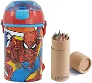 Spiderman Pop Up Water Bottle Drink Bottle Flask with Neck Cord for Easy Carry School Lunch Kids Childrens 450ml Includes Half Size 12pcs Pencil Set (Spiderman)