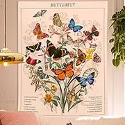Accnicc Butterfly Tapestry Flower Tapestries Vintage Vertical Floral Tapestry Wall Hanging Colorful Retro Art Aesthetic Wall Tapestry for Bedroom Dorm Living Room (Beige, 36'' × 48'')