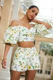 Amberly | White Linen Botanical Print Plunge-Neck Ruffled Crop Top