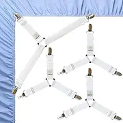FIBOOMERANG Bed Sheet Clips - Fitted Sheet Straps Fasteners and Holder with 3 Way Elastic Bands Mattress Straps Bedsheet Grippers Suspenders, 4Pcs/Set White