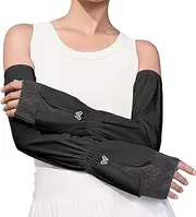 [RainFlowwer] Black Sun protection Arm Sleeves with Lace Patchwork Cuffs, Elastic Arm Sleeves Long Women for Sports Outdoor with Rhinestone bow decoration, Black