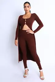Women's Casual Brown Long Button Open Front Top & Matching Leggings 2 Piece Set