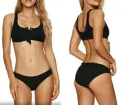 BEACH BUNNY Full Bikini Bottom Sz 14 Black Ribbed Ruched Back Logo