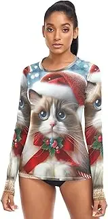 [RPLIFE] Festive Santa Cat Red Women's Long Sleeve Running Top, UPF Shirt Women Summer