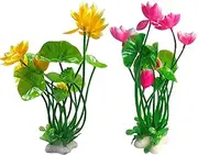CICK SEED Artificial Lotus Flowers for Aquarium Fish Tank Plants Decorations, 2 Pack, 8.3" High, with Yellow and Pink Blossoms, Green Stems and Leaves, Perfect for Aquarium Decor