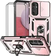 [Dechyi] Case for Samsung Galaxy A14 4G/5G with Tempered Glass Screen Protector Protective Case with Camera Slider Case 360° Rotating Military Stand Shockproof Cover Pink