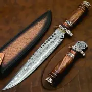 handmade damascus steel 15" bowie knife rose wood handle with brass clip