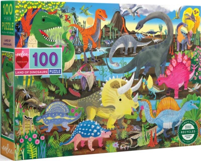 eeBoo Land of Dinosaurs 100 Piece Jigsaw Puzzle By Linda Bleck