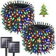 KAQ Overlength 2PACK Total 210FT 600LED Multicolor Solar Christmas String Lights Outdoor, Waterproof 8 Modes Christmas Tree Lights for Garden Party Christmas Decorations(Multicolor)
