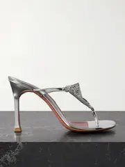 [Amina Muaddi] Amina Muaddi - Cameron Crystal-embellished Chainmail And Metallic Leather Mules - Silver - IT35 IT 35 Silver