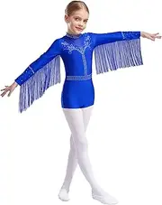 [inhzoy] Kids Girls Sparkly Rhinestones Latin Dance Leotard Tassels Bodysuit Stage Performance Costume