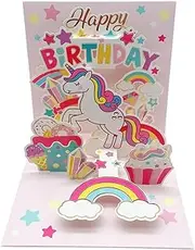 AUSWAY Happy Birthday Card Anniversary Greeting Card with Envelope Unicorn Rainbow Sweety Cup Cake 3D Pop Up Gift Card for Mom Dad Husband Wife Grandma Grandpa Girl Boy Kids (BMKD2)
