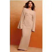 Mushroom Floaty Woven Flared Sleeve Maxi Dress, Mushroom