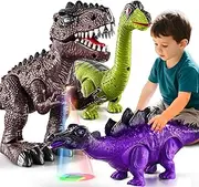 MSKOLER 3 Pack Electric Walking Dinosaur Toys for Toddlers 2-4 3-5 Years with Roar Sounds and Lights Up, Realistic Robot Tyrannosaurus, Brachiosaurus, Stegosaurus Dinosaur Figures for Kids
