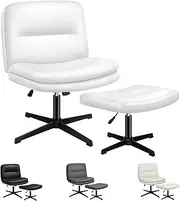 ALFORDSON Armless Criss-Cross Desk Chair with Ottoman Stool, Ergonomic Cross-Legged Office Chair with Mid-Back Design, Tilt & Height Adjust and Swivel, 180kg Max, Pax White