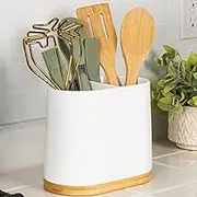 DAILY RITMO Large Kitchen Utensil Holder for Countertop with Bamboo Wooden Base | Minimalistic Cooking Utensils | Farmhouse White Ceramic Tool Spatula Crock | Cylindrical Oval Shape