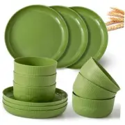 Wheat Straw Plates and Bowls SetPCS Reusable Plastic Dinnerware Set, 12 Green