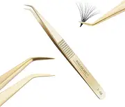 NAGARAKU Gold Tweezers for Eyelash Extensions Curved Angled Volume Cluster Super Light Weight Easy Fanning Tweezers Stainless Steel Precision Tweezers Lash Tweezers For Eyelash Extensions (N-06)