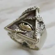 Huge Illuminati Eye Triangle Silver Unique Ring - Size 11