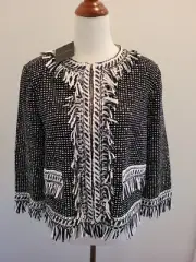 NWT & UNIQUE ST JOHN Caviar/Bianco Black/White Jacket w/Fringe, Size 14