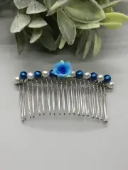 Bridal Wedding Formal white Blue flower Side Comb Beaded 3.5” metal silver Com