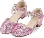 [Hehainom] Girls Sandals Sequins Princess Dress Shoes Closed Toe Low Heels for Toddler Little Big Kid Flower Wedding Party Pump Shoes