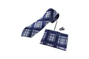 Mens Navy & Silver Checkered Matching Neck Tie, Pocket Square, Cuff Links And Tie Clip Set