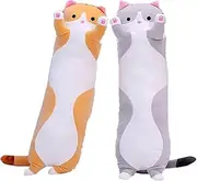 2 Pack Long Cat Plush Pillow - Cute Doll Toy Soft Stuffed Animals - Long Kitten Body Pillow for Kids Girlfriend (Brown+Gray 19.7Inch/50CM)