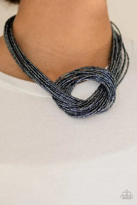 Paparazzi Necklace- Knotted Knockout- Metallic Blue Seed bead- Statement