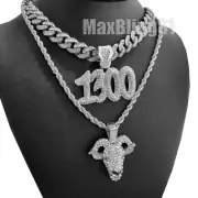 Silver Plated 1300 w/ 18" Iced Cuban & GOAT w/ 24" Rope Chain Hip Hop Necklace