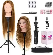 Mannequin Head 60% Human Hair with Tripod Stand,28 Inch Make up Cosmetology Manikin Practice Doll Head with Hair,Braiding Hairdressing Head for Hair Styling with Table Clamp + DIY Hair Styling Set