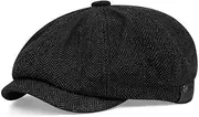 [VANTOBEST] Mens Classic Wool Blend 8 Panel Newsboy Flat Cap Vintage Herringbone Tweed Hat Cabbie Cap Driving Hunting Cap (Black)