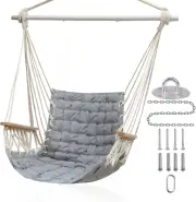 Hammock Chair Swing - Wooden Armrests, Steel Bar, 300 lbs, Light Grey