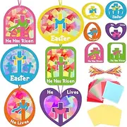 Qyeahkj 36 Set Easter Suncatchers Craft Kit Resurrection Church Tissue Paper Crafts Ornament He is Risen DIY Window Art Stained Glass Decor for Religious Cross Classroom Project Kid Party Favors Gift