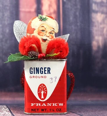 Vintage GINGER Spice Tin CHRISTMAS Ornament and Decor Santa