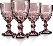 Vintage Wine Glasses,Clear Water Goblet Glasses,Stemmed Drinking Glasses with Embossed Pattern,Colored Glassware Set for Wedding Party Banquet Feast,10 oz,Set of 2,Dishwasher Safe